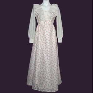 70s Prairie Maxi Dress Floral Eyelet Ruffle Open Back with Ties, sz Small